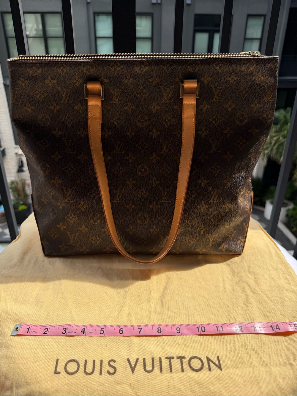 Louis Vuitton Brown Monogram Canvas Tote with Tan Leather Handles